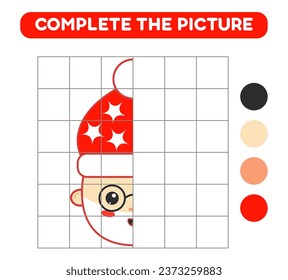Complete the picture of cute cartoon Santa. Educational worksheets for kids.
