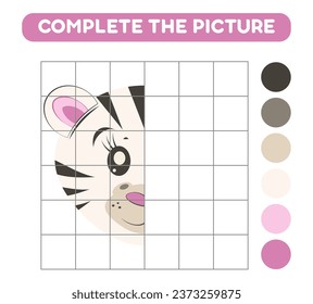 Complete the picture of cute cartoon zebra. Educational worksheets for kids.