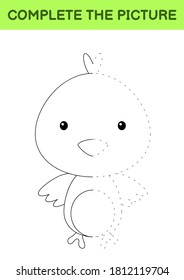 Complete the picture of cute chick. Coloring book. Copy picture. Handwriting practice, drawing skills training. Education developing printable worksheet. Activity page. Cartoon vector illustration.