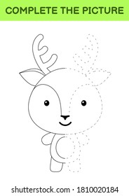 Complete the picture of cute deer. Coloring book. Copy picture. Handwriting practice, drawing skills training. Education developing printable worksheet. Activity page. Cartoon vector illustration.