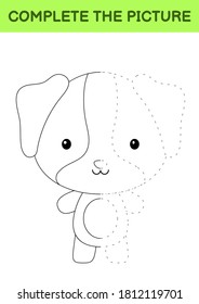 Complete the picture of cute dog. Coloring book. Copy picture. Handwriting practice, drawing skills training. Education developing printable worksheet. Activity page. Cartoon vector illustration.