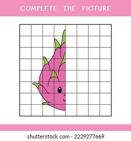 Complete the picture of cute dragon fruit. Simple educational game for kids. Vector worksheet