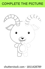 Complete the picture of cute goat. Coloring book. Copy picture. Handwriting practice, drawing skills training. Education developing printable worksheet. Activity page. Cartoon vector illustration.