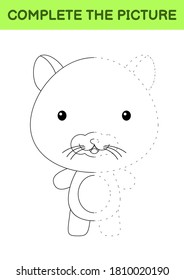 Completa la foto de un tierno hámster. Libro de colorear. Copiar imagen. Práctica de escritura a mano, formación de habilidades. Educación desarrollando hoja de cálculo imprimible. Actividad. Ilustración vectorial de dibujos animados.