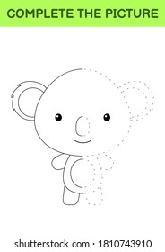 Complete the picture of cute koala. Coloring book. Copy picture. Handwriting practice, drawing skills training. Education developing printable worksheet. Activity page. Cartoon vector illustration.