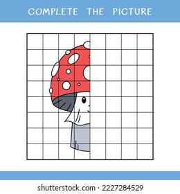Complete the picture of cute mushroom. Simple educational game for kids. Vector worksheet