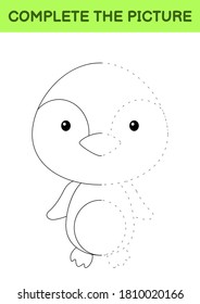 Complete the picture of cute penguin. Coloring book. Copy picture. Handwriting practice, drawing skills training. Education developing printable worksheet. Activity page. Cartoon vector illustration.