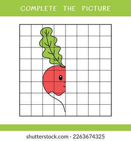 Completa la imagen de un rábano lindo. Simple juego educativo para los niños. Hoja de cálculo del vector