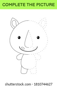 Complete the picture of cute rhino. Coloring book. Copy picture. Handwriting practice, drawing skills training. Education developing printable worksheet. Activity page. Cartoon vector illustration.