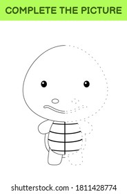 Complete the picture of cute turtle. Coloring book. Copy picture. Handwriting practice, drawing skills training. Education developing printable worksheet. Activity page. Cartoon vector illustration.