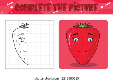 complete the picture design Strawberry activity page for kids 