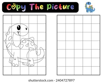 Completa la foto de un dinosaurio. Copia la imagen. Libro de colorear. Juego educativo para niños. Ilustración vectorial de dibujos animados