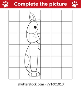 Complete the picture dog, children educational game, coloring page.  Worksheet for kids. Copy by grid. Vector illustration.