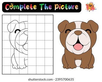 Completa la foto de un perro. Copia la imagen. Libro de colorear. Juego educativo para niños. Ilustración vectorial de dibujos animados