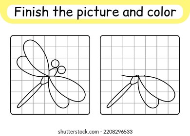 Complete the picture dragonfly. Copy the picture and color. Finish the image. Coloring book. Educational drawing exercise game for children. Vector illustration