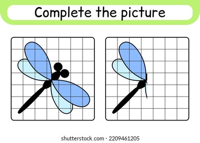 Complete the picture dragonfly. Copy the picture and color. Finish the image. Coloring book. Educational drawing exercise game for children. Vector illustration