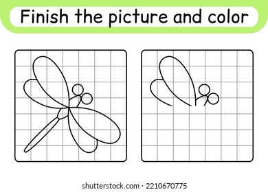 Complete the picture dragonfly. Copy the picture and color. Finish the image. Coloring book. Educational drawing exercise game for children. Vector illustration