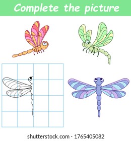 Vervollständigen Sie das Bild der Libellen. Kopieren Sie das Bild. Farbbuch. Erziehungsspiel für Kinder. Cartoon-Vektorgrafik