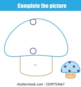 Complete the picture drawing activity. Draw mushroom. Children educational game. Fun page for pre school kids and toddlers