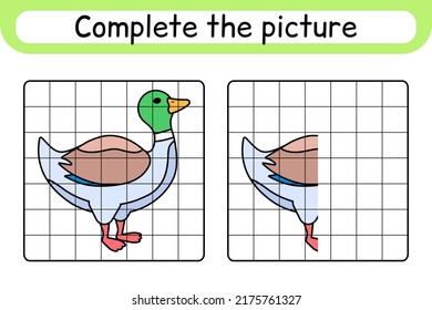 Complete the picture duck. Copy the picture and color. Finish the image. Coloring book. Educational drawing exercise game for children. Vector illustration