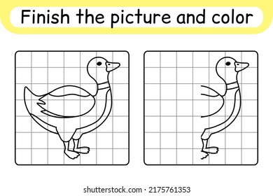 Complete the picture duck. Copy the picture and color. Finish the image. Coloring book. Educational drawing exercise game for children. Vector illustration