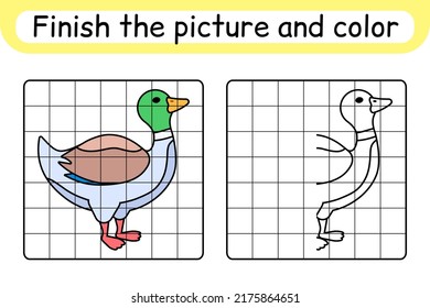 Complete the picture duck. Copy the picture and color. Finish the image. Coloring book. Educational drawing exercise game for children. Vector illustration