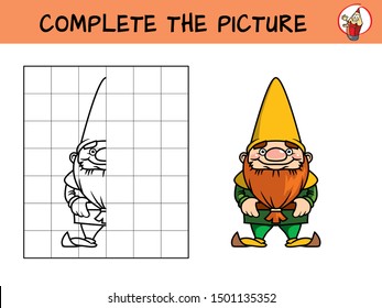 Complete the picture of a dwarf. Copy the picture. Coloring book. Educational game for children. Cartoon vector illustration