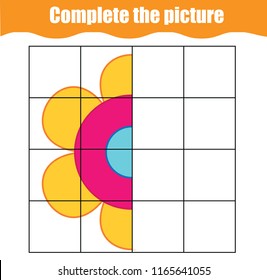 Complete the picture educational children game. Printable toddlers, kids activity sheet with simple flower. Learning symmetry drawing.