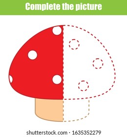 complete picture educational children game. Draw mushroom. Elementary basic level activity for toddlers and kids