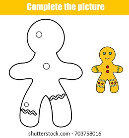 Complete the picture educational children game. Printable toddlers Kids activity sheet with gingerbread man. Winter holidays theme
