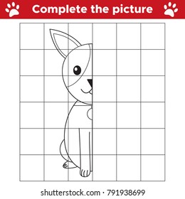 Complete the picture. Educational game for kids. Printable worksheet with funny dog. Copy by grid. Vector illustration.