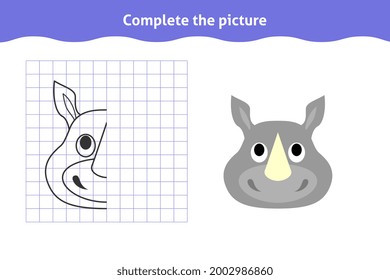 Complete the picture. Educational game, reflection image for toddlers. Symmetrical worksheet with rhino face for kindergarten and preschool. Children pastime, traning for visual perception