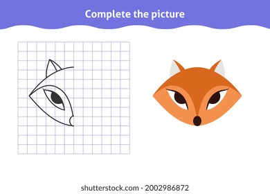 Complete the picture. Educational game, reflection image for toddlers. Symmetrical worksheet with cute fox face for kindergarten and preschool. Children pastime, traning for visual perception