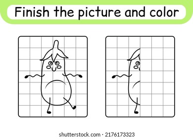 Complete the picture eggplant. Copy the picture and color. Finish the image. Coloring book. Educational drawing exercise game for children. Vector illustration