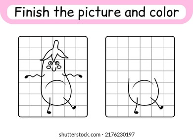 Complete the picture eggplant. Copy the picture and color. Finish the image. Coloring book. Educational drawing exercise game for children. Vector illustration