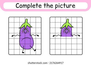 Complete the picture eggplant. Copy the picture and color. Finish the image. Coloring book. Educational drawing exercise game for children. Vector illustration