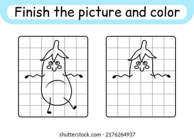 Complete the picture eggplant. Copy the picture and color. Finish the image. Coloring book. Educational drawing exercise game for children. Vector illustration