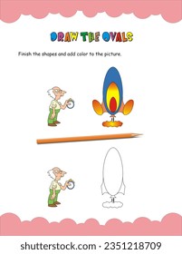 Complete the picture, Finish the picture worksheet, Color and copy the picture, Draw the picture, Let’s draw worksheet, draw an oval, Line, geometric shape, abstract,