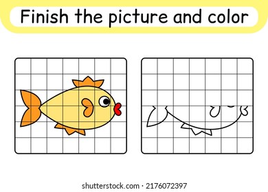 Complete the picture fish. Copy the picture and color. Finish the image. Coloring book. Educational drawing exercise game for children. Vector illustration