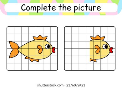 Complete the picture fish. Copy the picture and color. Finish the image. Coloring book. Educational drawing exercise game for children. Vector illustration