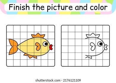 Complete the picture fish. Copy the picture and color. Finish the image. Coloring book. Educational drawing exercise game for children. Vector illustration