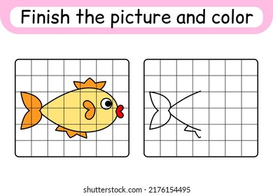 Complete the picture fish. Copy the picture and color. Finish the image. Coloring book. Educational drawing exercise game for children. Vector illustration