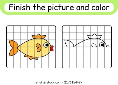 Complete the picture fish. Copy the picture and color. Finish the image. Coloring book. Educational drawing exercise game for children. Vector illustration