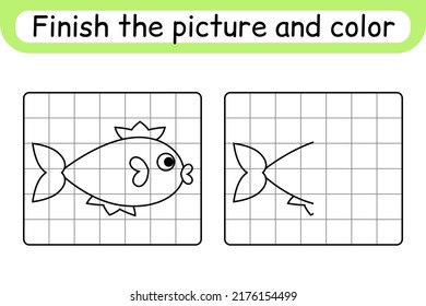 Complete the picture fish. Copy the picture and color. Finish the image. Coloring book. Educational drawing exercise game for children. Vector illustration