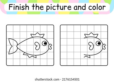 Schließe den Bilderfisch ab. Kopieren Sie das Bild und die Farbe. Schließen Sie das Bild ab. Farbbuch. Bildungs-Zeichenkunst-Spiel für Kinder. Vektorgrafik