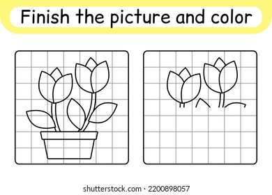 Complete the picture flower tulip. Copy the picture and color. Finish the image. Coloring book. Educational drawing exercise game for children. Vector illustration