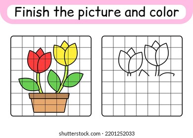 Complete the picture flower tulip. Copy the picture and color. Finish the image. Coloring book. Educational drawing exercise game for children. Vector illustration