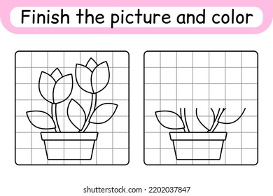 Complete the picture flower tulip. Copy the picture and color. Finish the image. Coloring book. Educational drawing exercise game for children. Vector illustration