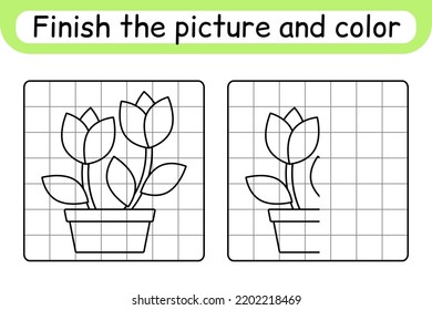 Complete the picture flower tulip. Copy the picture and color. Finish the image. Coloring book. Educational drawing exercise game for children. Vector illustration