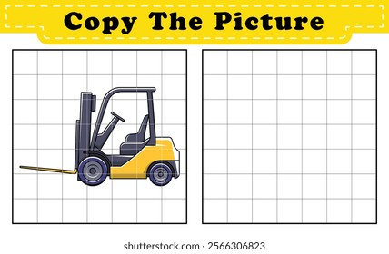 Complete the picture of a Forklift. Copy the picture. Coloring book. Educational game for children. Cartoon vector illustration